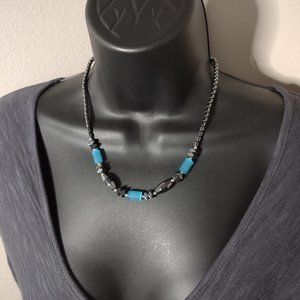 Cute 18 Inch Hematite And Blue Glass Bead Necklace